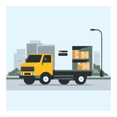 Fototapeta premium Delivery Truck in Urban Environment with Boxes and City Background