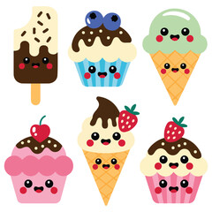 Cute simple cupcakes and ice creams with faces vector illustration