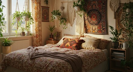 An eclectic Bohemian bedroom with a mix of patterns (kilim pillows, floral duvet), macrame wall hanging, tapestries, and plants hanging everywhere. Warm and personal.