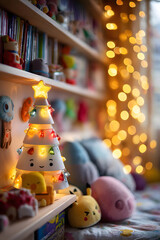 Fototapeta premium A charming children's room featuring a glowing toy tree, colorful plush friends, and warm twinkling lights, evoking joy and warmth.