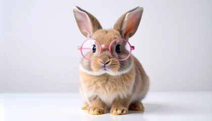 Obraz premium Adorable bunny wearing pink glasses looking directly at camera, cute and funny pet concept