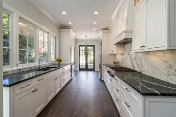 Luxurious modern galley kitchen with white cabinets marble countertops and a dark hardwood floor leading to a doorway