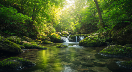Obraz premium Clear stream flowing through lush green forest