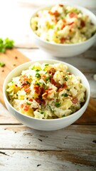 Creamy potato salad in a white bowl, topped with crispy bacon and fresh herbs, sits attractively on a light wood surface.