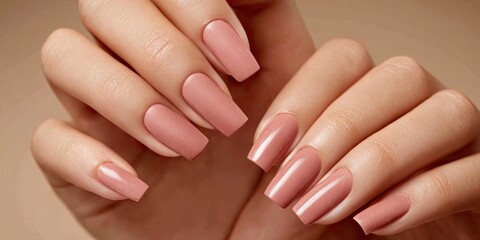 Fototapeta premium Close-up view of beautifully manicured nails with a delicate, rosy-nude polish, showcasing a smooth, glossy finish and elegant square shape.