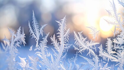 Obraz premium Intricate Frost Patterns on a Windowpane with Soft Bokeh Background and Sun Rays