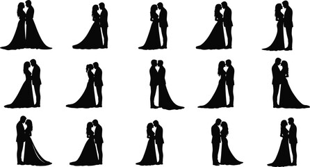 Wedding Couple Silhouette Vector Set &ndash; Romantic Bride and Groom Poses for Love, Marriage, Invitation, Celebration, and Design Elements
