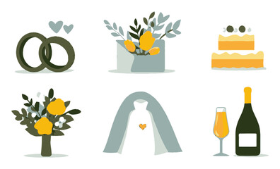 Colorful Flat Cartoon Wedding Elements for Celebration and Decoration