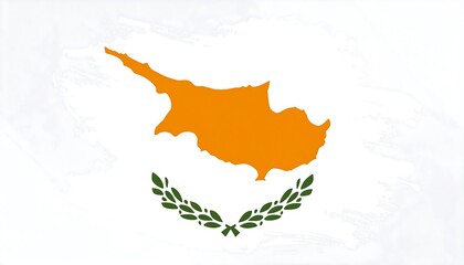 A stylized depiction of the Cypriot flag, featuring an orange island outline against a white background with textured brush strokes, and a verdant wreath below.