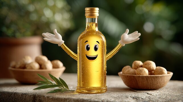 Cheerful olive oil bottle kitchen product photography natural setting close-up joyful cooking concept