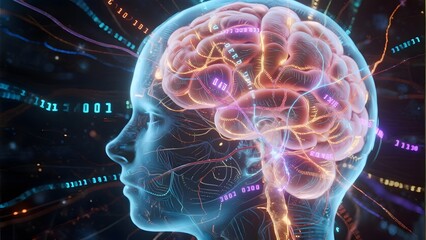 Digital Illustration of a Human Brain with Neural Pathways and Data Streams