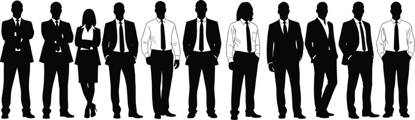 Silhouettes of business professionals standing in formal attire, corporate group team, diverse postures and poses, front view, vector illustration