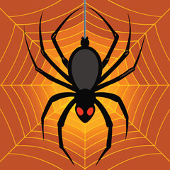Obraz premium Creepy black widow spider suspended in its eerie orange web ready for halloween