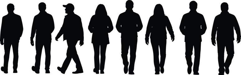 Silhouette group of diverse people walking in casual and formal attire, various postures and styles, rear and side view illustration