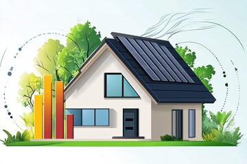 A conceptual vector art of an energy-efficient house with a rising bar graph, indicating improved energy performance