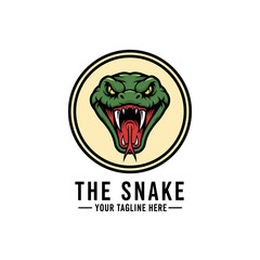 A stylized illustration of a snake's head, featuring open jaws and a forked tongue.