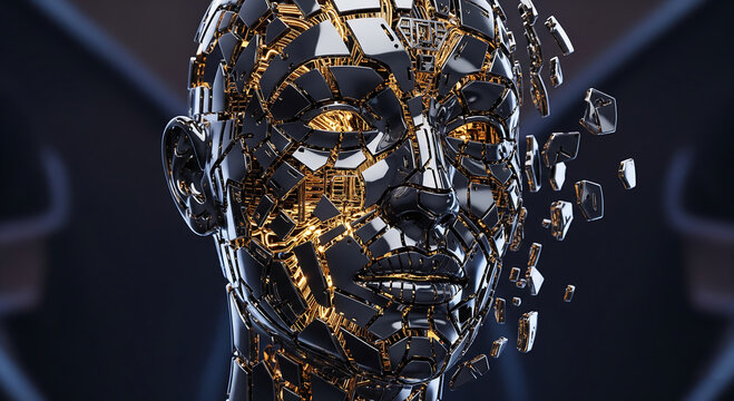 Fragmented metallic head exploding into pieces, representing breakdown or transformation