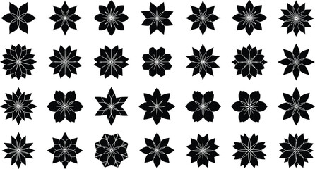 Geometric flower vector set with symmetrical petal designs, radial black silhouettes for abstract pattern, mandala art, and modern decoration