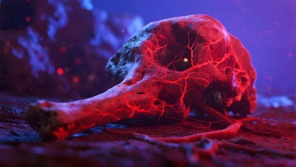 A skull illuminated with red neural-like patterns against a dark, nebulous background.