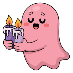 Cute pink ghost with candle Halloween character vector illustration