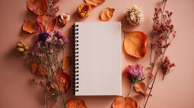 Blank notebook surrounded by dried flowers and leaves on peach background