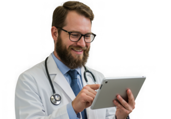 Bearded doctor using tablet isolated on transparent background for healthcare