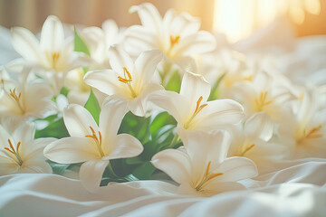 A soft arrangement of white lilies gently laid on a light fabric, creating a serene and elegant atmosphere illuminated by warm sunlight.