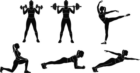 Black silhouette vector set of woman doing fitness, dance, yoga, swimming, strength training, plank, and lunge workout poses