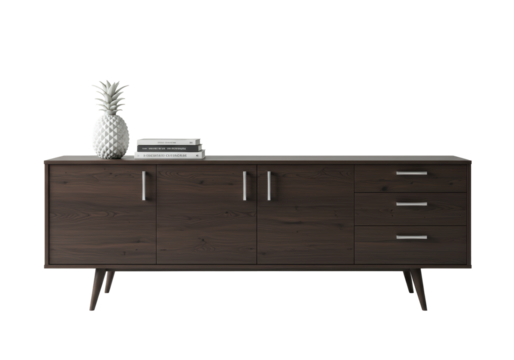 Isolated dresser with books and pineapple, furniture for home, modern design, front view