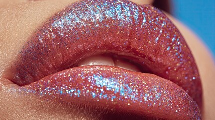 Close-up of woman's lips with shimmering, glittery gloss