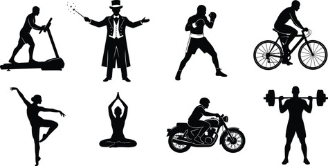 Black silhouette vector set of people doing sports, fitness, dance, meditation, magic, and performance activities in stylized poses