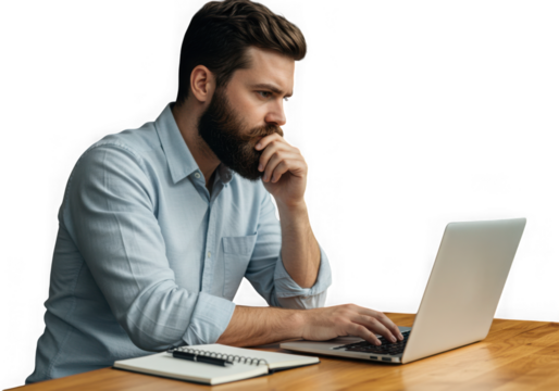Bearded man working on laptop isolated on transparent background, thinking deeply