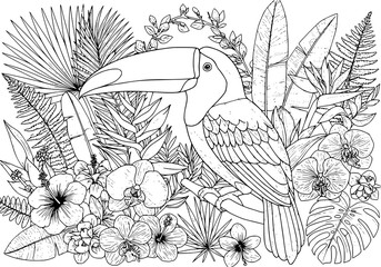 Obraz premium Exotic toucan silhouette amidst lush tropical foliage and vibrant floral blooms, a stunning jungle scene