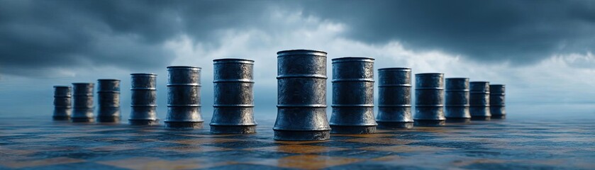 Naklejka premium Oil barrels with market graph and rig in background concept. Oil barrels lined up against a dramatic cloudy sky.