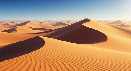 Rolling desert sand dunes under a clear sky