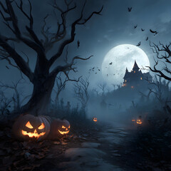 Illustration Halloween night scene with full moon, haunted house, and eerie jack-o-lanterns