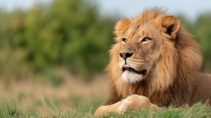 Fototapeta premium Wildlife close up of a male lion licking its paw while lying on the grass in the savanna