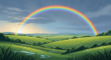 Obraz premium Vibrant Rainbow Over Green Fields After Rain
