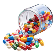 Assorted colorful pharmaceutical capsules and tablets spilling from a glass jar onto a black background