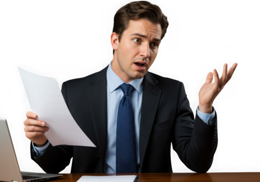 Businessman holding a document while sitting at his desk isolated on white isolated on transparent background