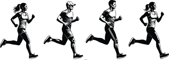 Black and white vector illustration of athletic men and women running in motion, fitness and sports concept for anatomy and movement