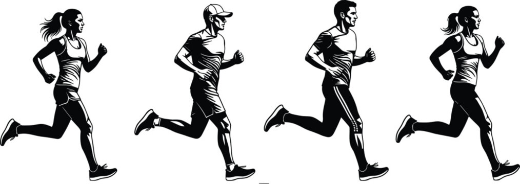 Black and white vector illustration of athletic men and women running in motion, fitness and sports concept for anatomy and movement