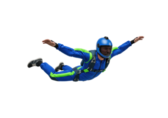 Isolated skydiver free falling in blue jumpsuit and blue helmet during a clear day jump