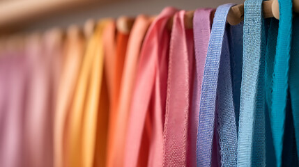 Colorful lace ribbons hanging in a haberdashery shop