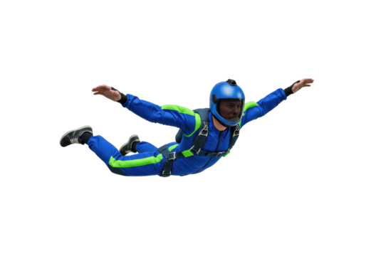 Isolated skydiver free falling in blue jumpsuit and blue helmet during a clear day jump