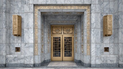 Ornate, light gray marble facade entryway with gold accents