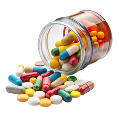 Variety of colorful medicinal capsules and tablets scattered from a clear glass container on a dark surface