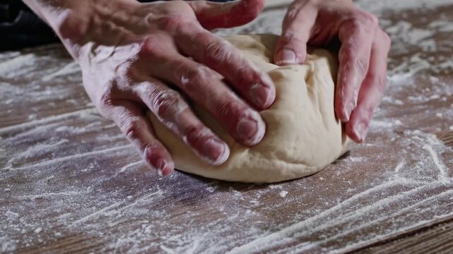 Close-up video of a dough ball on a floured wooden surface, showcasing the texture and process of bread-making from a side angle.