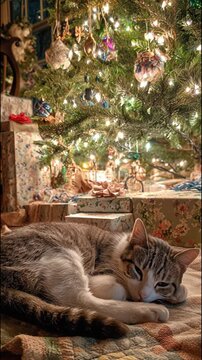 Cute tabby cat sleeping peacefully under the Christmas tree. Vertical video background for greeting card
