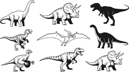 Black and white dinosaur vector set featuring prehistoric reptiles like T-Rex, Triceratops, Pteranodon, Velociraptor, and sauropods in silhouette.